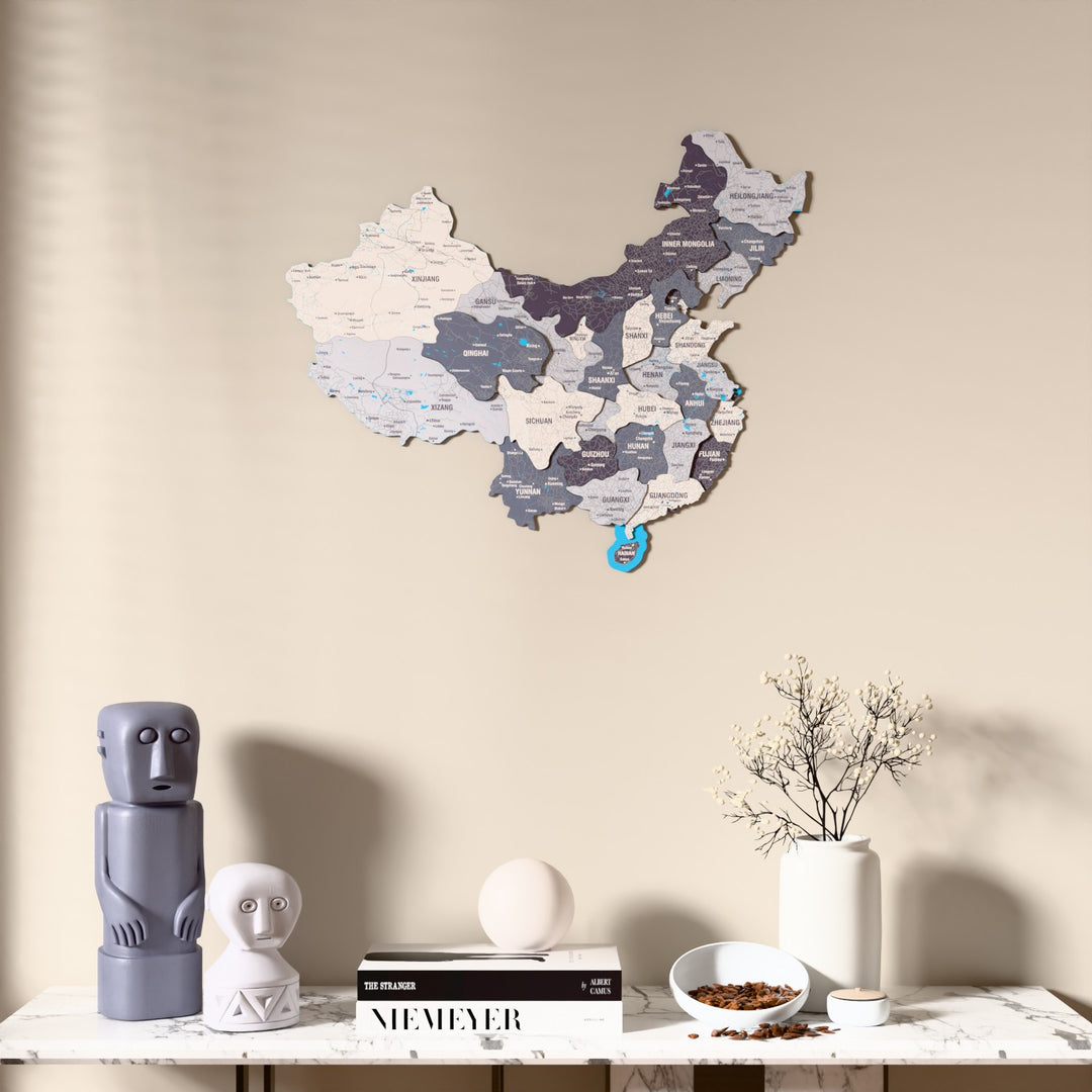 Nimbus China wooden wall map above a marble console, front view