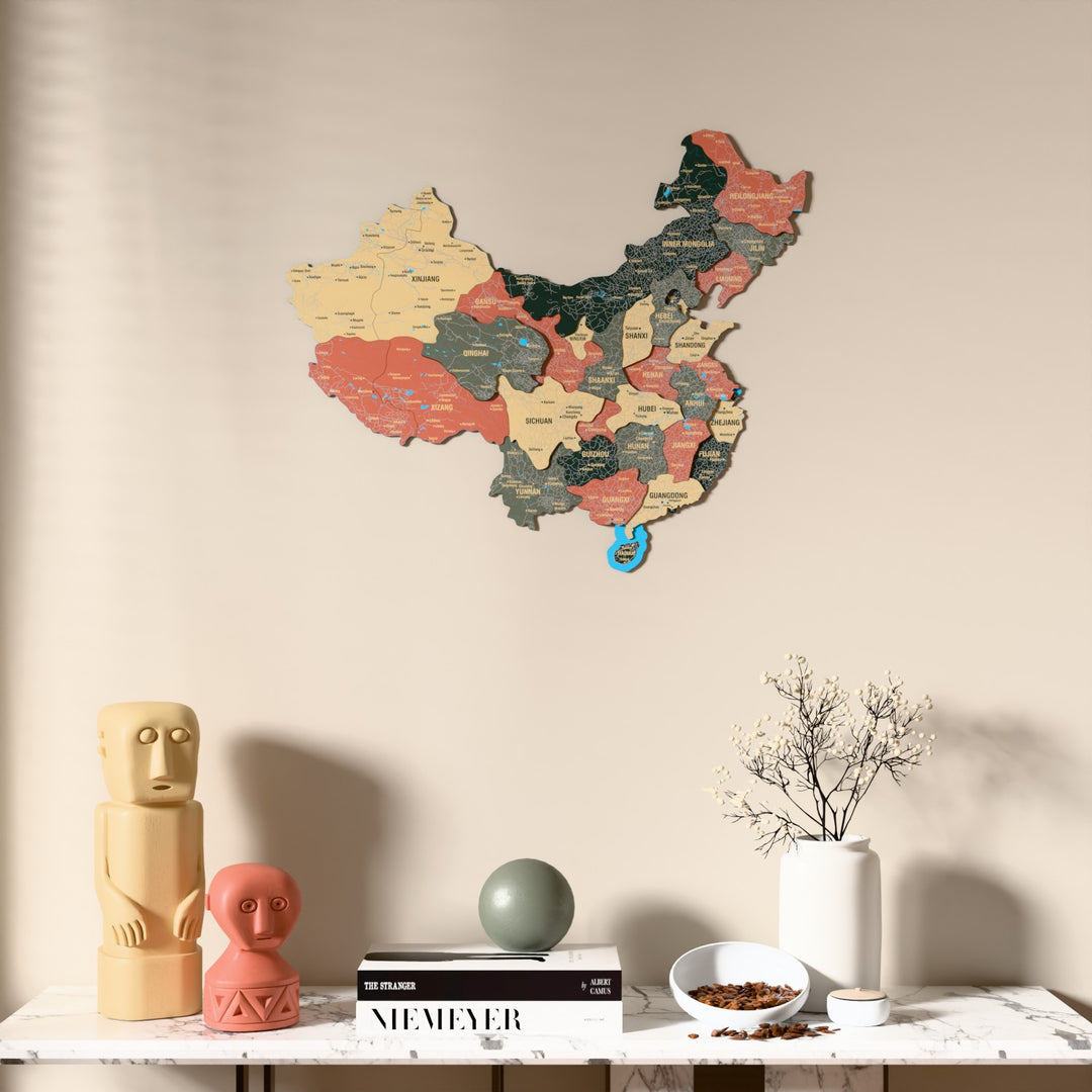 Sage China wooden wall map above a marble console, front view