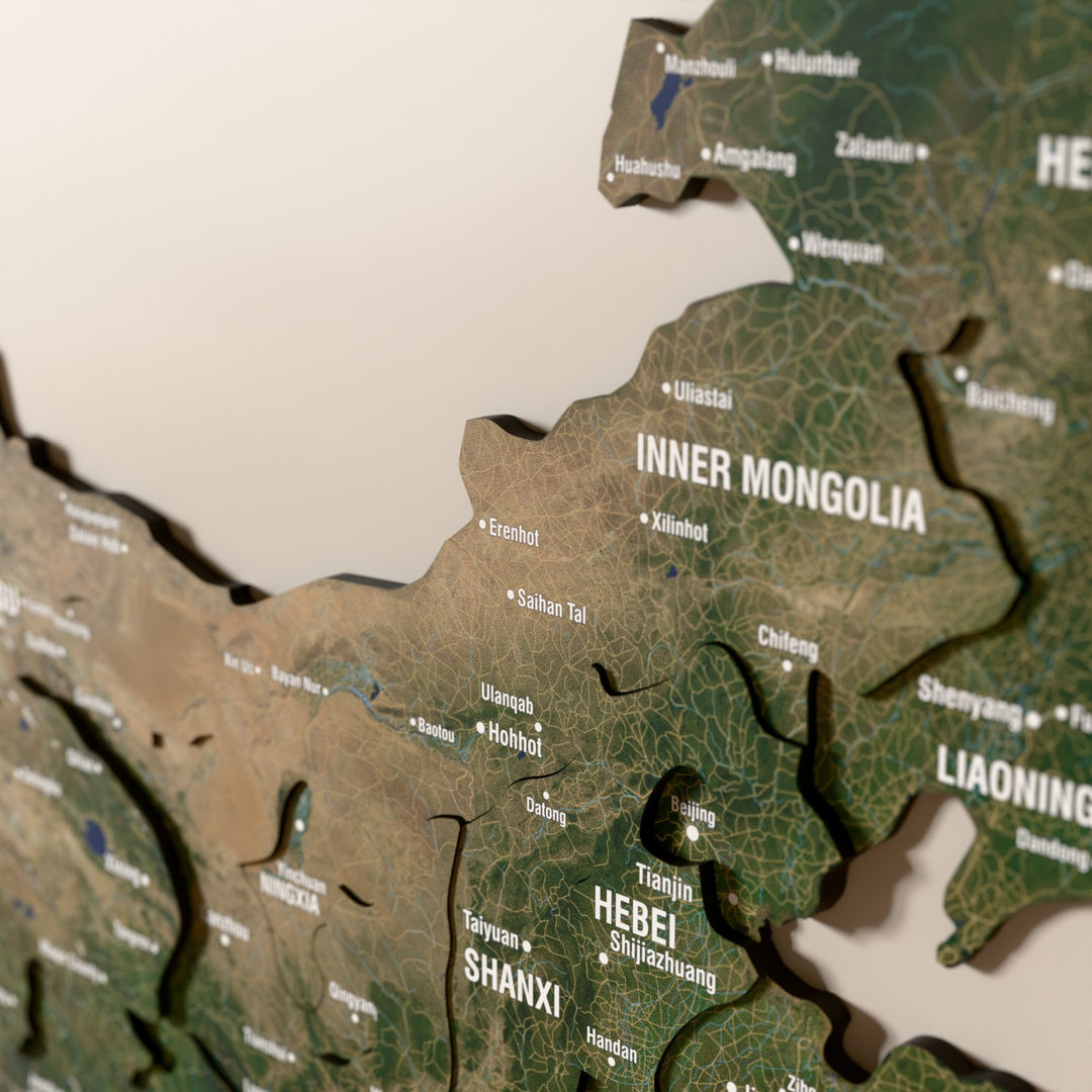 Close-up of the Satellite China wooden wall map with layered regions and printed names