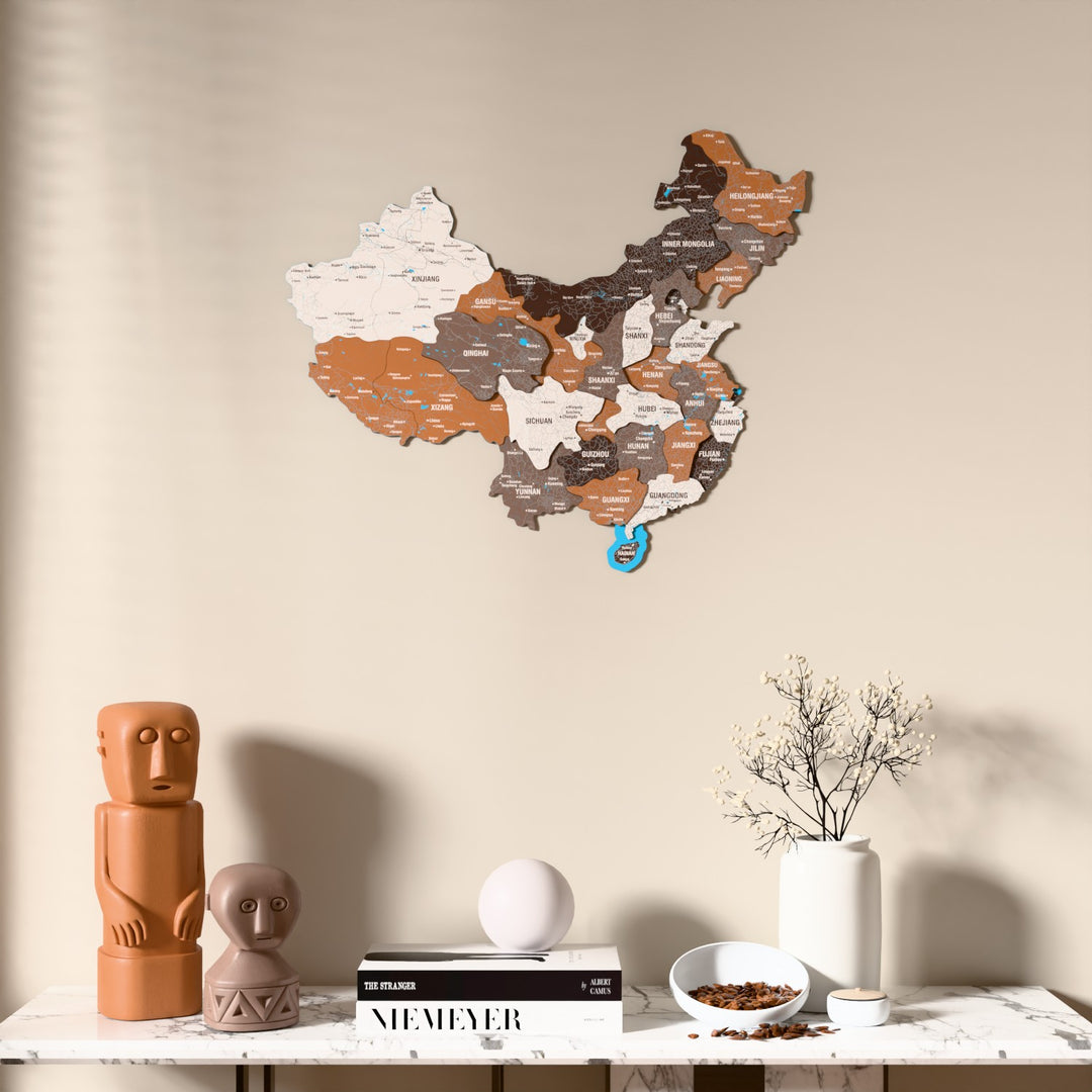 Soil China wooden wall map above a marble console, front view