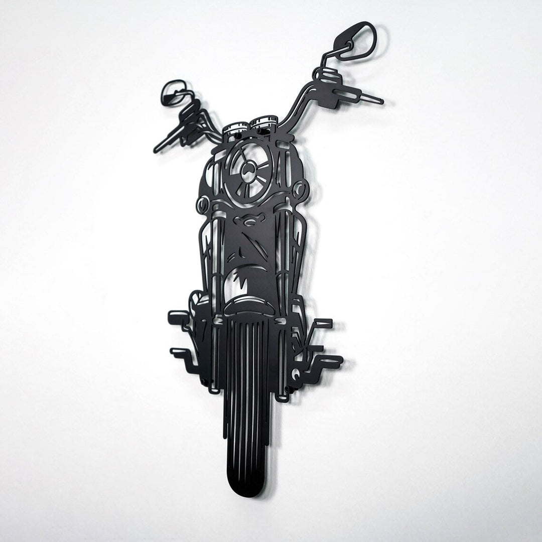 Black chopper motorcycle metal wall art, close front shot