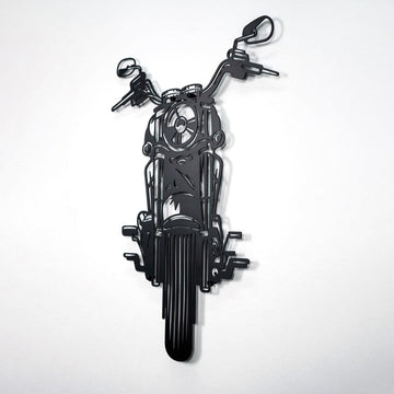 Black chopper motorcycle metal wall art, close front shot