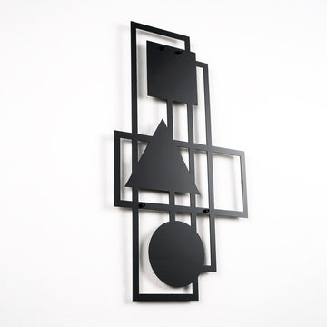 Black geometric metal wall art with square, triangle and circle, side angle