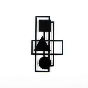 Black geometric metal wall art on a white wall, front view