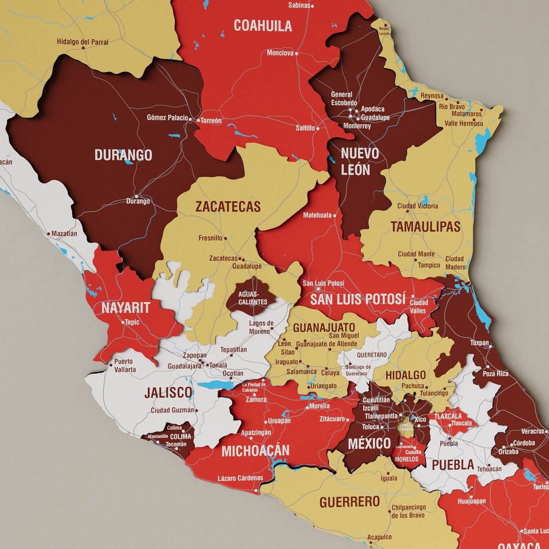 Terra Mexico wooden wall map in red, maroon and mustard states, close-up of the central states with names