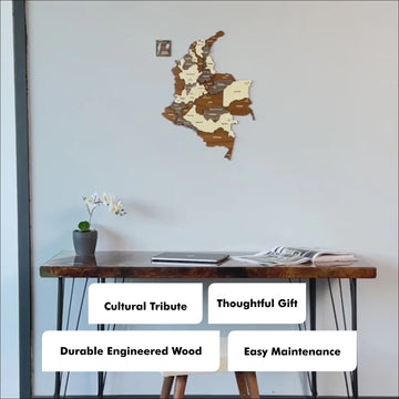 Colombia wooden wall map above a dark console table with callouts for cultural tribute and durable engineered wood