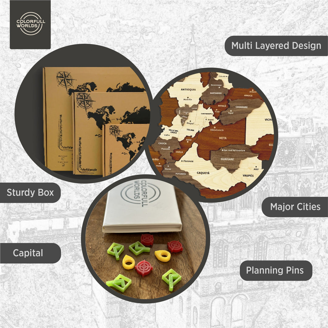 Colombia wooden map features: multi-layered design, major cities, capital, planning pins and a sturdy box