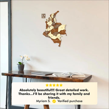 Colombia wooden map above a resin edge desk with a five-star customer review about the detailed work