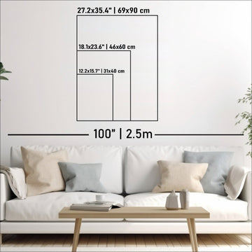 Size chart for the Colombia wooden map: 31x40 cm, 46x60 cm and 69x90 cm (12.2x15.7 to 27.2x35.4 in) above a sofa