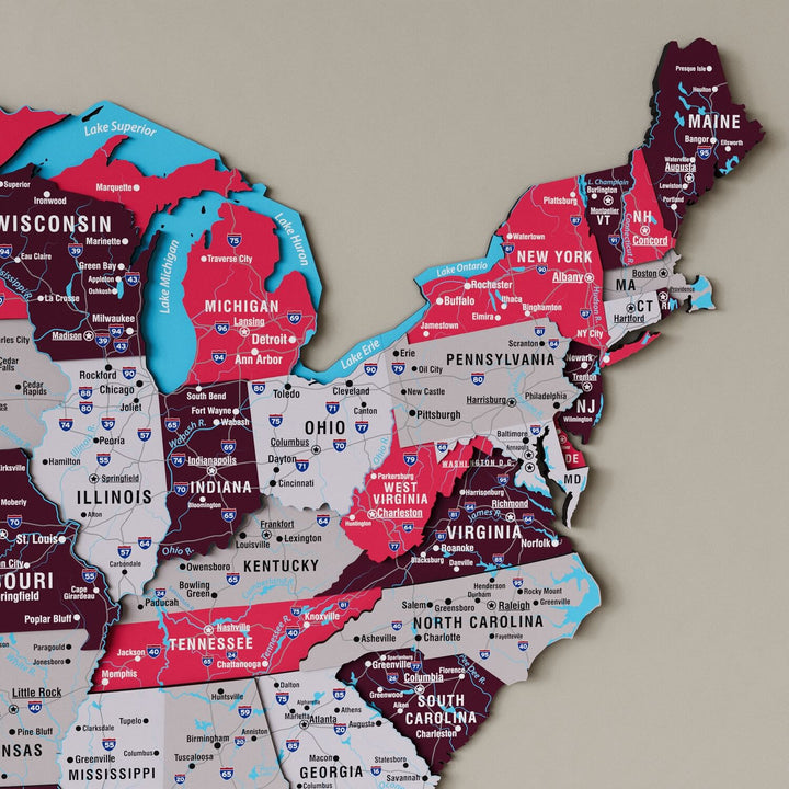 United States Wooden Wall Map - Multilayered & UV Printed Design - Crimson