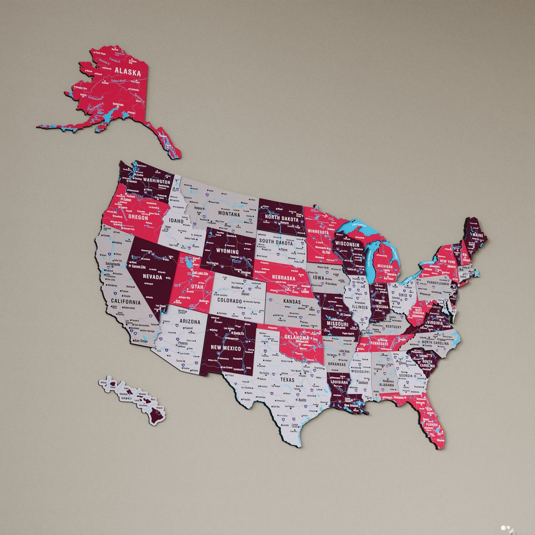 United States Wooden Wall Map - Multilayered & UV Printed Design - Crimson