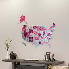 Crimson UV-printed metal United States wall map with separate Alaska and Hawaii, above a console table