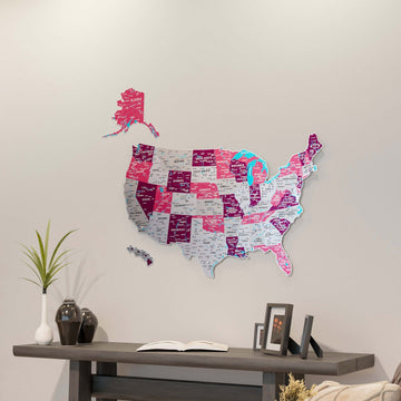 Crimson UV-printed metal United States wall map with separate Alaska and Hawaii, above a console table