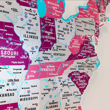 Close-up of the crimson metal USA map showing Illinois, Tennessee, Virginia, highways and city names