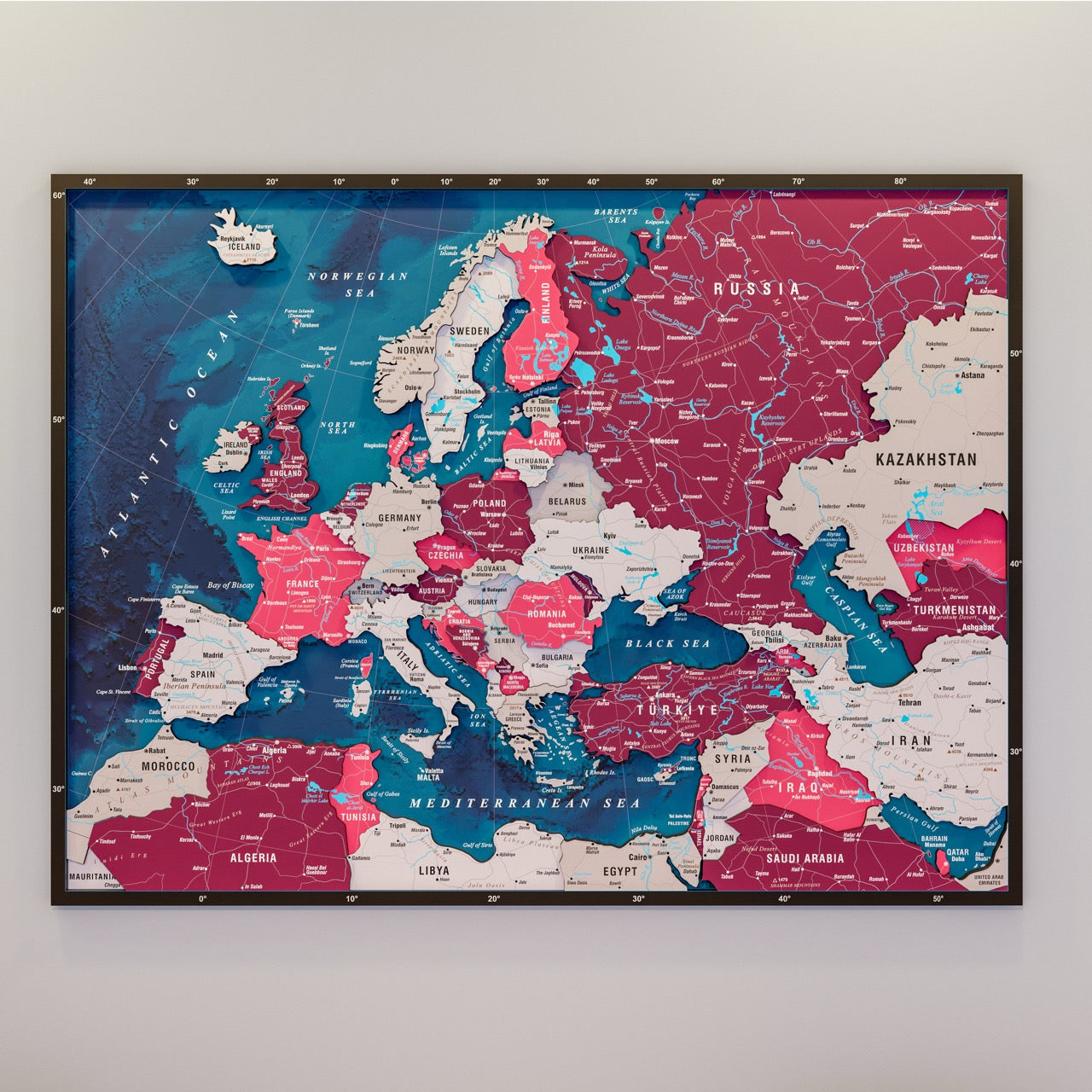 Wooden Europe Map with Rivers & Details (Crimson) – ColorfullWorlds