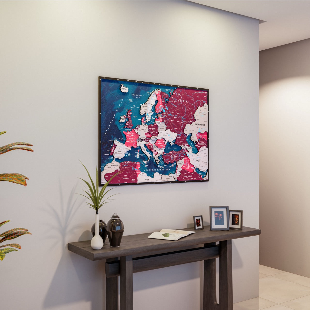 Wooden Europe Map with Rivers & Details (Crimson) – ColorfullWorlds