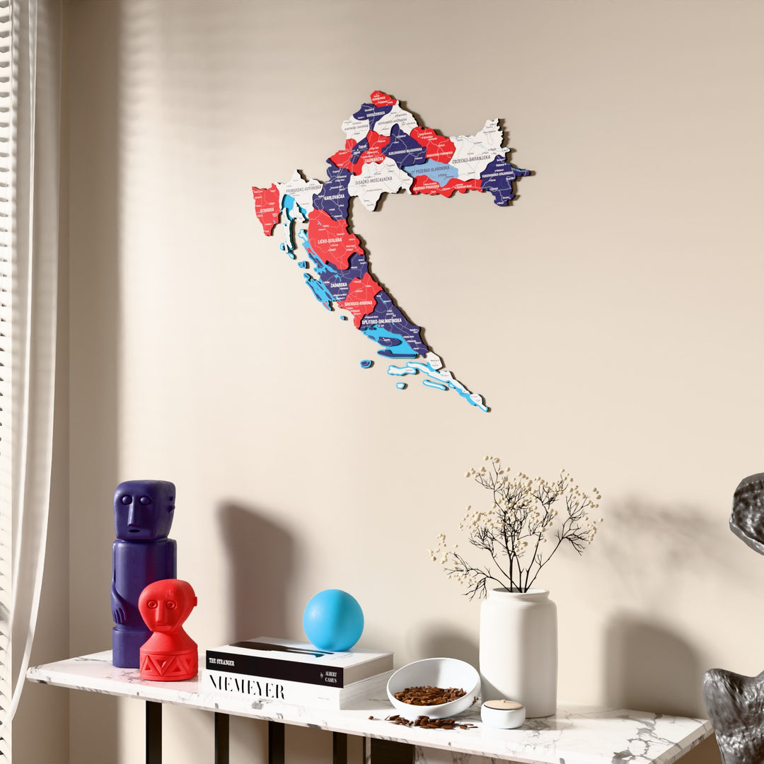 Flag colored Croatia wooden wall map beside a sheer curtain, angled view
