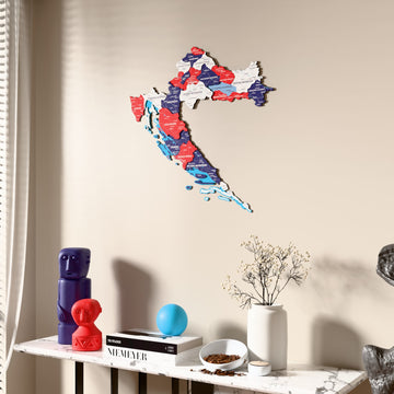 Flag colored Croatia wooden wall map beside a sheer curtain, angled view