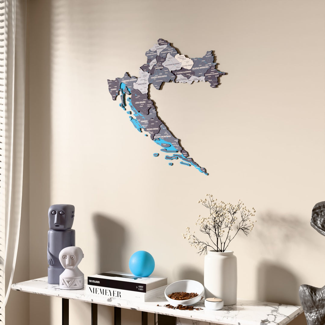 Nimbus Croatia wooden wall map beside a sheer curtain, angled view