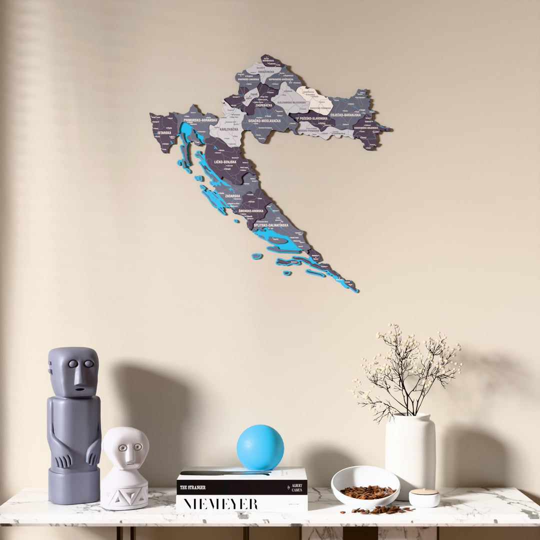 Nimbus Croatia wooden wall map above a marble console, front view