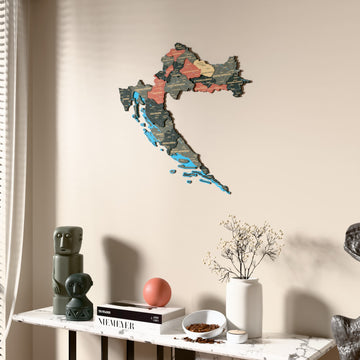 Sage Croatia wooden wall map beside a sheer curtain, angled view