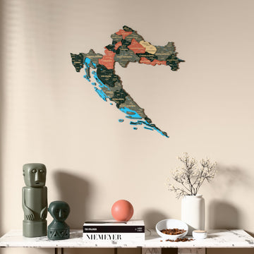 Sage Croatia wooden wall map above a marble console, front view