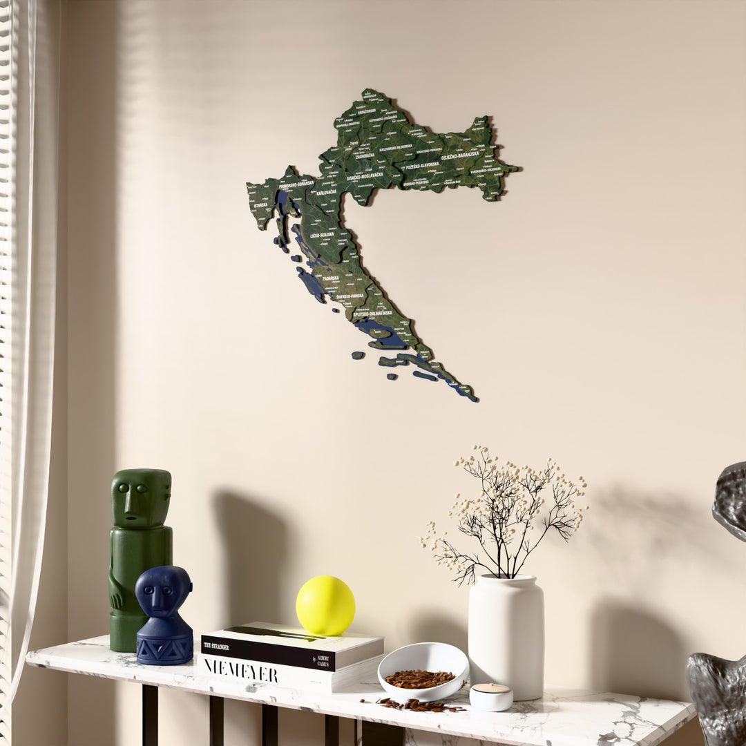 Satellite Croatia wooden wall map beside a sheer curtain, angled view