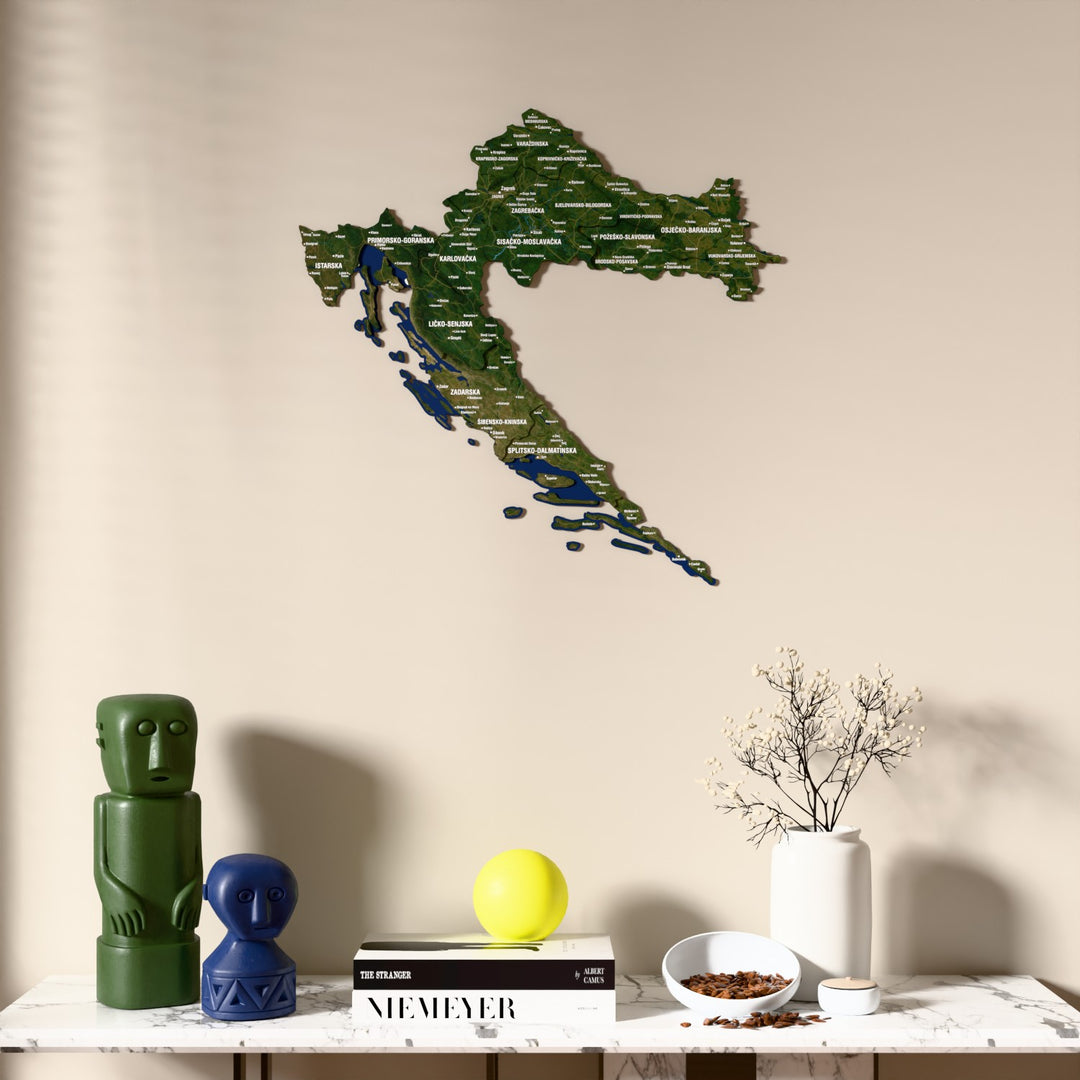 Satellite Croatia wooden wall map above a marble console, front view