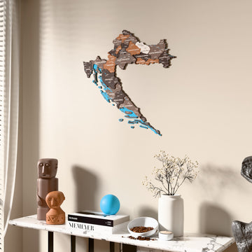 Soil Croatia wooden wall map beside a sheer curtain, angled view