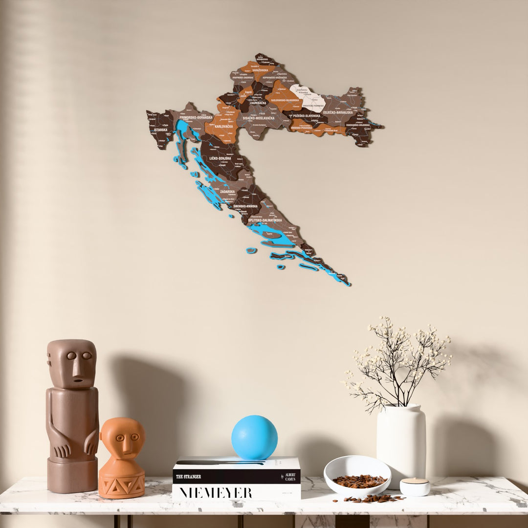 Soil Croatia wooden wall map above a marble console, front view