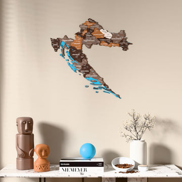 Soil Croatia wooden wall map above a marble console, front view