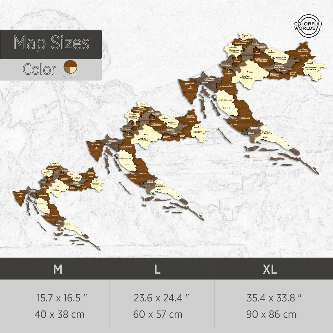 Size chart for the Croatia wooden map in three sizes: M 40 x 38 cm, L 60 x 57 cm and XL 90 x 86 cm