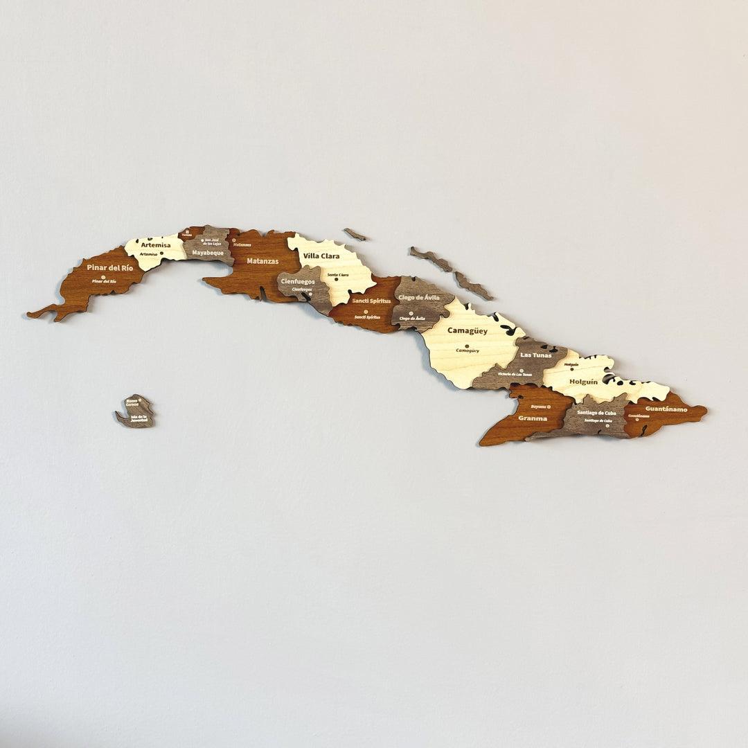 3D wooden Cuba map with province names in brown, taupe and cream layers, with the Isle of Youth as a separate piece