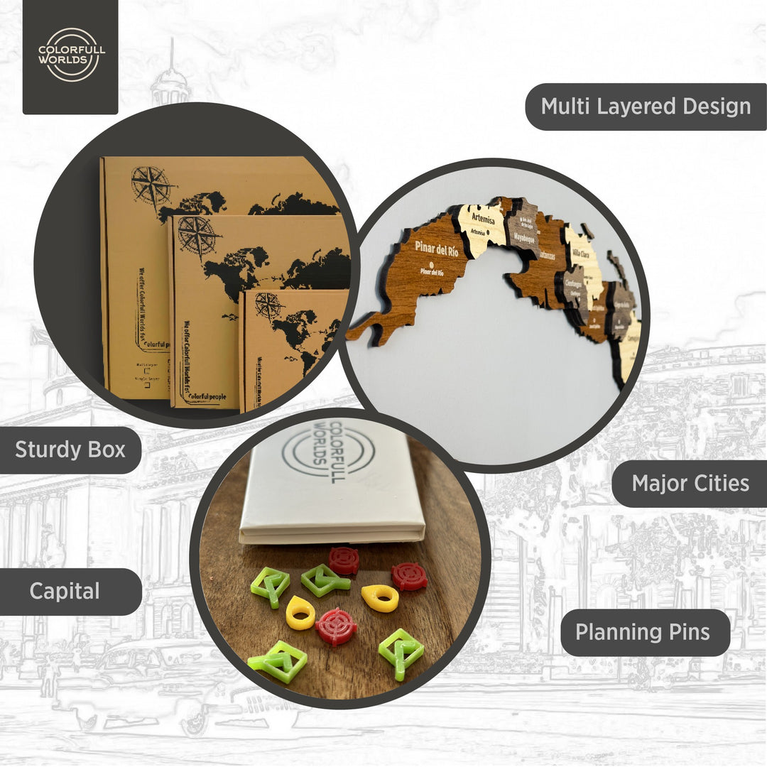 Features of the wooden Cuba map: multi-layered design, sturdy box, capital, major cities and planning pins