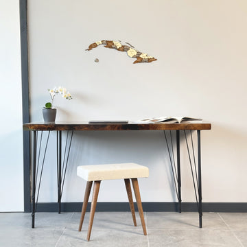 Cuba wooden wall map above a live-edge desk, wide view