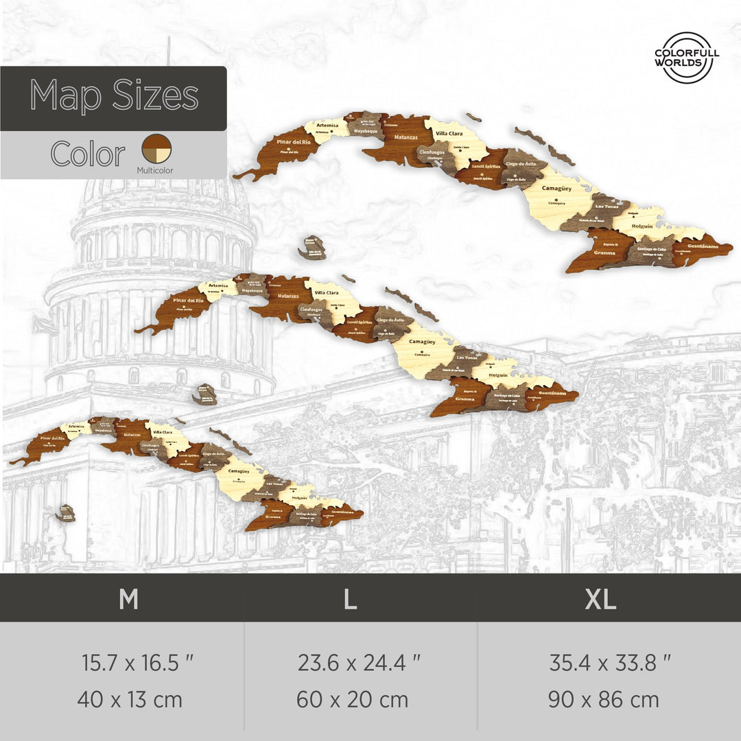 Size chart for the wooden Cuba map: M 15.7 in (40 cm), L 23.6 in (60 cm) and XL 35.4 in (90 cm) wide