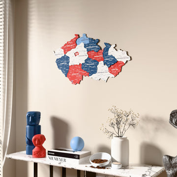 Flag colored Czech Republic wooden wall map beside a sheer curtain, angled view