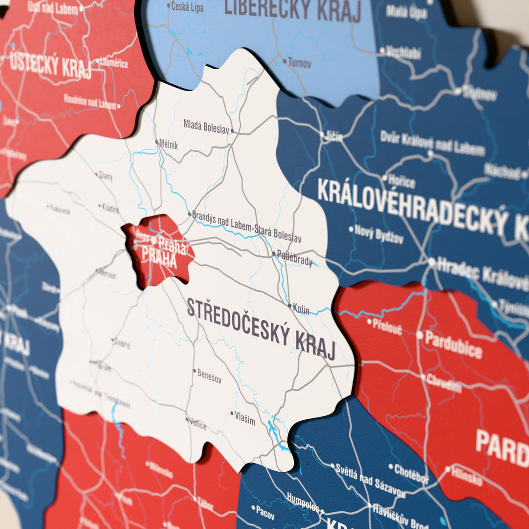 Close-up of the Flag colored Czech Republic wooden wall map with layered regions and printed names