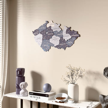 Nimbus Czech Republic wooden wall map beside a sheer curtain, angled view