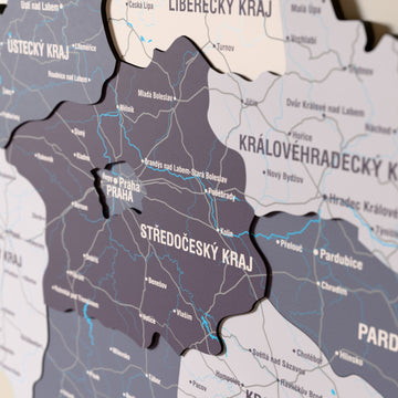 Close-up of the Nimbus Czech Republic wooden wall map with layered regions and printed names