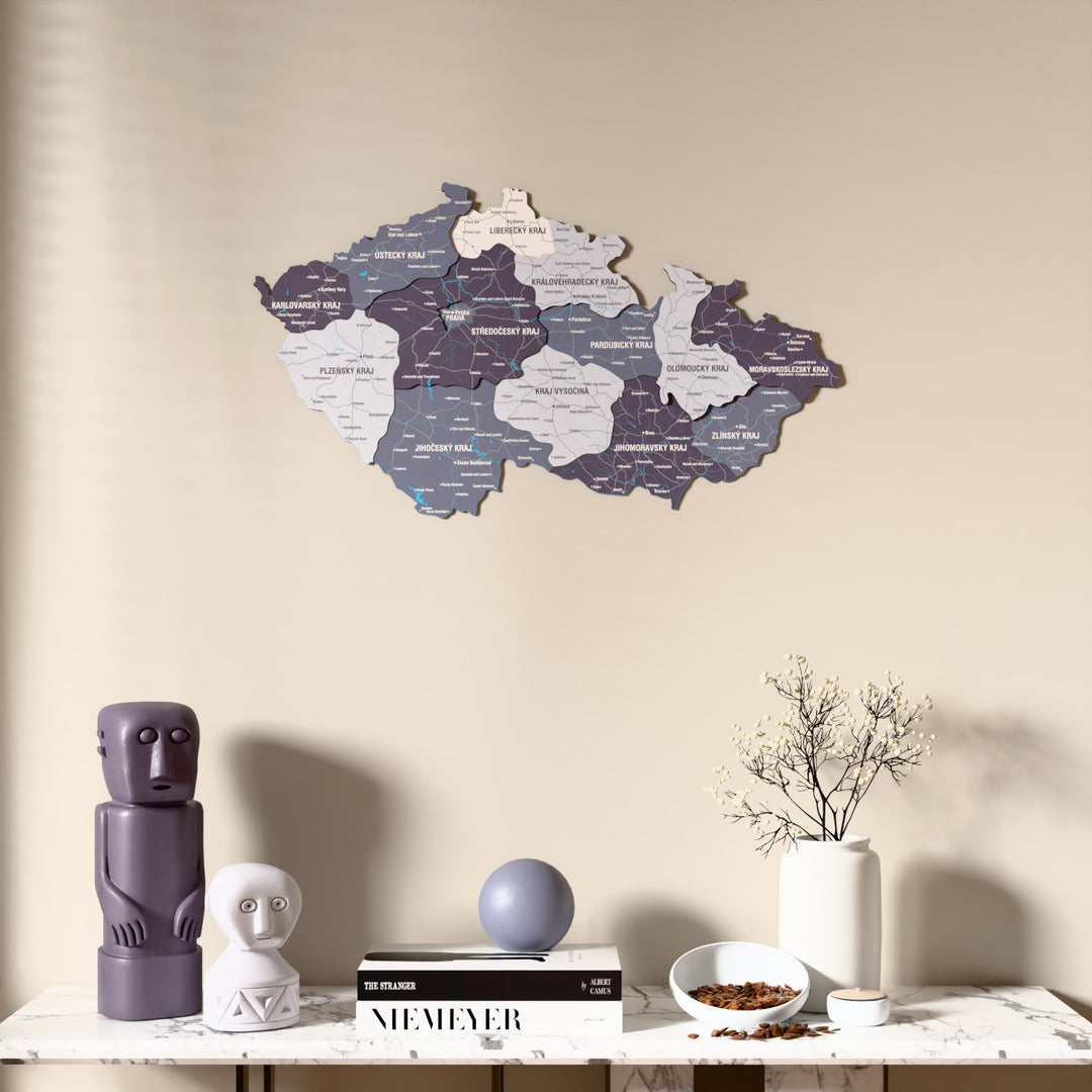 Nimbus Czech Republic wooden wall map above a marble console, front view