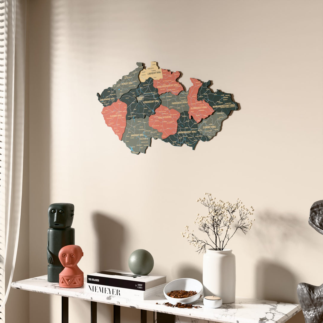 Sage Czech Republic wooden wall map beside a sheer curtain, angled view