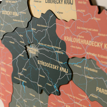 Close-up of the Sage Czech Republic wooden wall map with layered regions and printed names