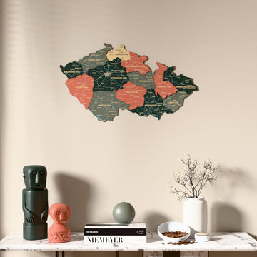Sage Czech Republic wooden wall map above a marble console, front view