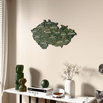 Satellite Czech Republic wooden wall map beside a sheer curtain, angled view