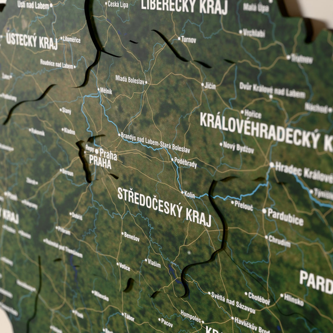 Close-up of the Satellite Czech Republic wooden wall map with layered regions and printed names