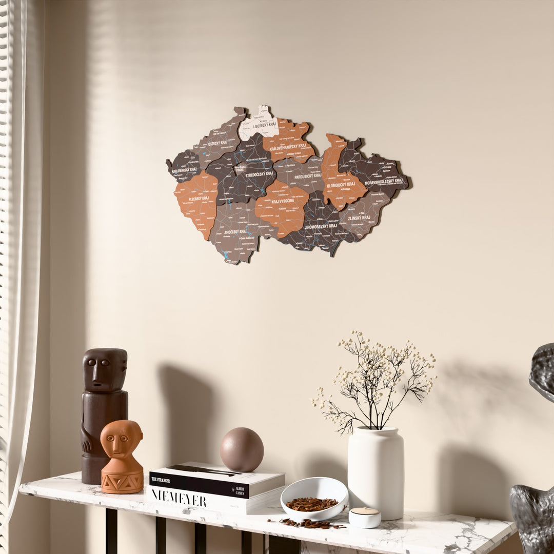 Soil Czech Republic wooden wall map beside a sheer curtain, angled view