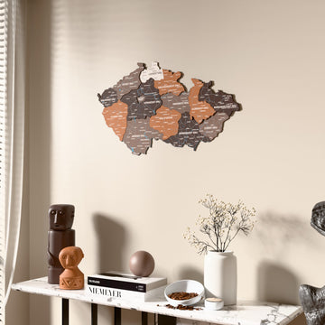 Soil Czech Republic wooden wall map beside a sheer curtain, angled view
