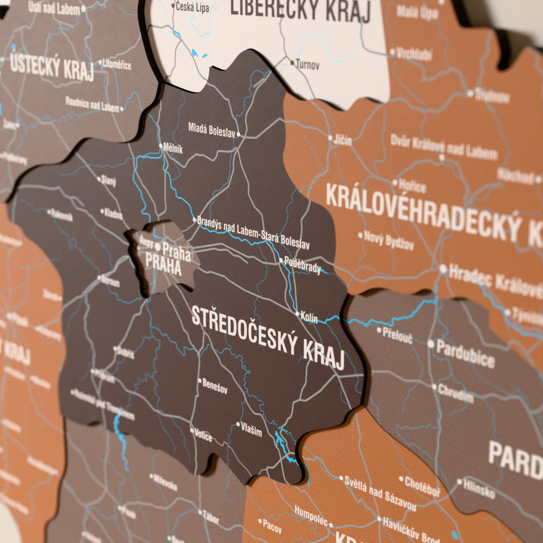 Close-up of the Soil Czech Republic wooden wall map with layered regions and printed names