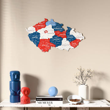 Flag colored Czech Republic wooden wall map above a marble console, front view